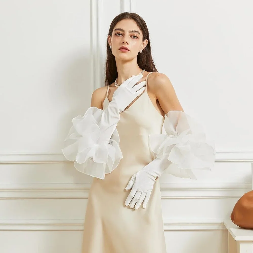 Women's Velvet White 50cm Satin Tulle  Puff Long Gloves Banquet Wedding Party